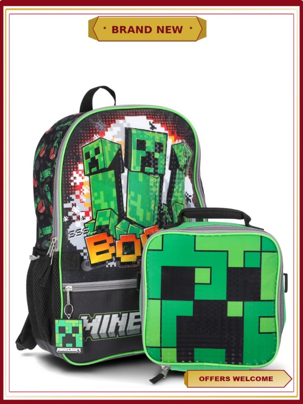 Light Up Backpack & Lunch Bag Set, Boys School Backpack, Creeper Print
